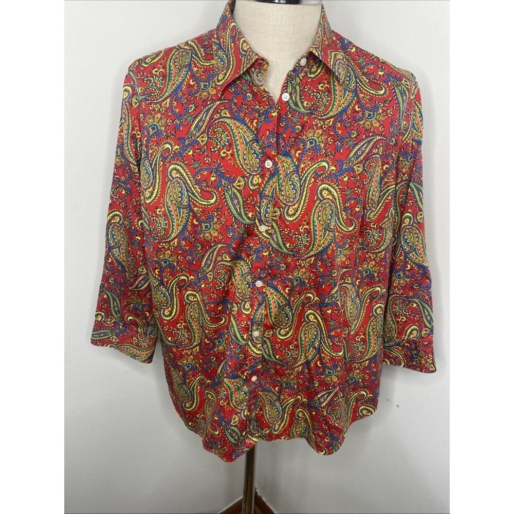 Ralph Lauren 2X Blouse Red Paisley Button Up Top Shirt Collar Yellow Blue Green